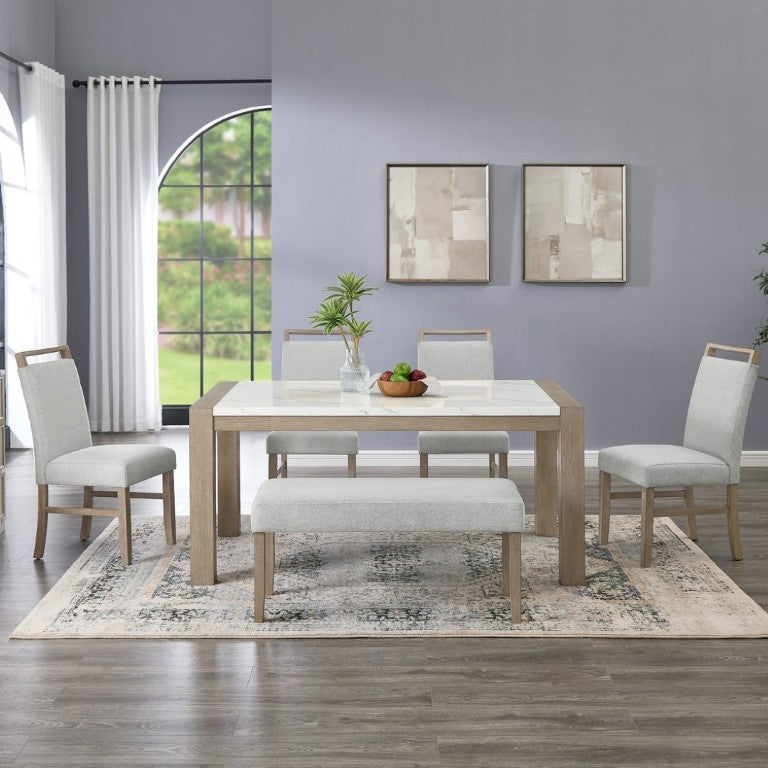 English Elm Zelalle Six Piece Dining Set Faux Marble Table Upholstered Chairs Bench Modern T2574S00433
