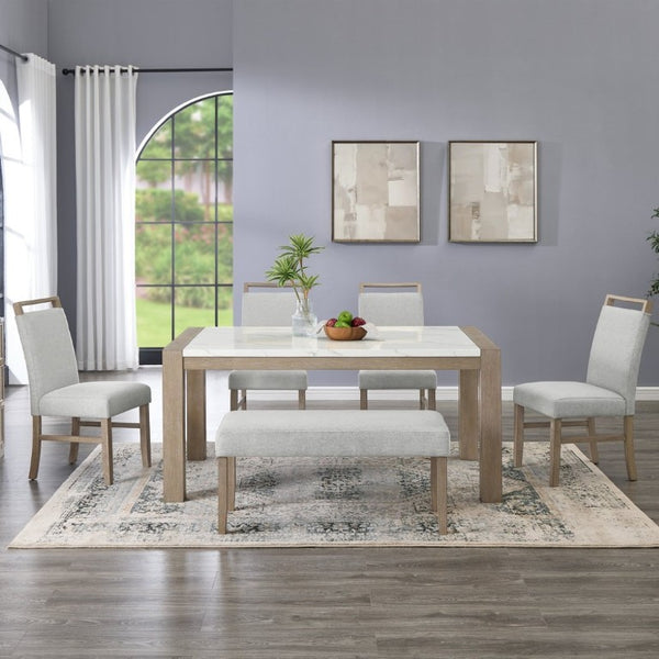 English Elm Zelalle Six Piece Dining Set Faux Marble Table Upholstered Chairs Bench Modern T2574S00433