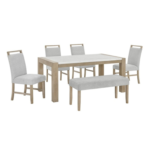 English Elm Zelalle Six Piece Dining Set Faux Marble Table Upholstered Chairs Bench Modern T2574S00433