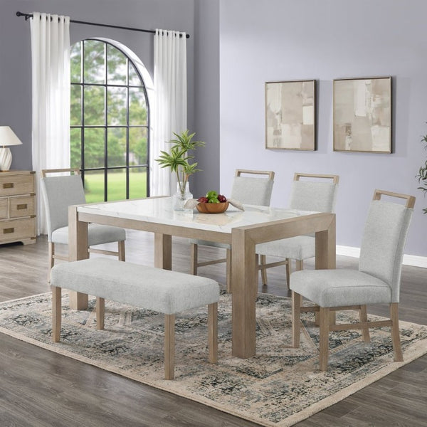 English Elm Zelalle Six Piece Dining Set Faux Marble Table Upholstered Chairs Bench Modern T2574S00433