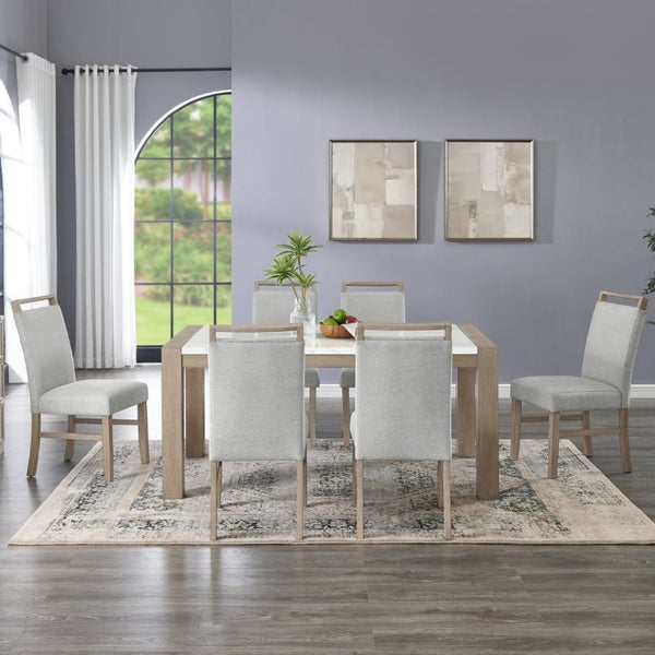 English Elm Zelalle Modern Faux Marble Dining Set with Six Upholstered Chairs in Gray Fabric T2574S00434