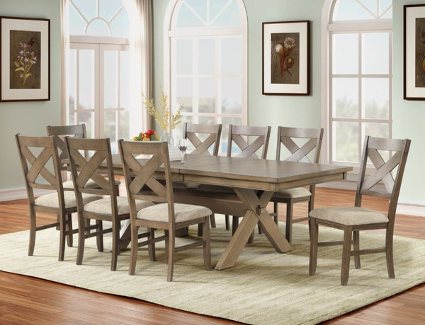 English Elm Raven Wood Farmhouse Trestle Dining Set Rubberwood Cross-Back Chairs Seats Eight T2574S00438