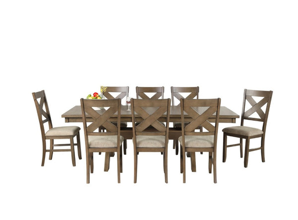 English Elm Raven Wood Farmhouse Trestle Dining Set Rubberwood Cross-Back Chairs Seats Eight T2574S00438