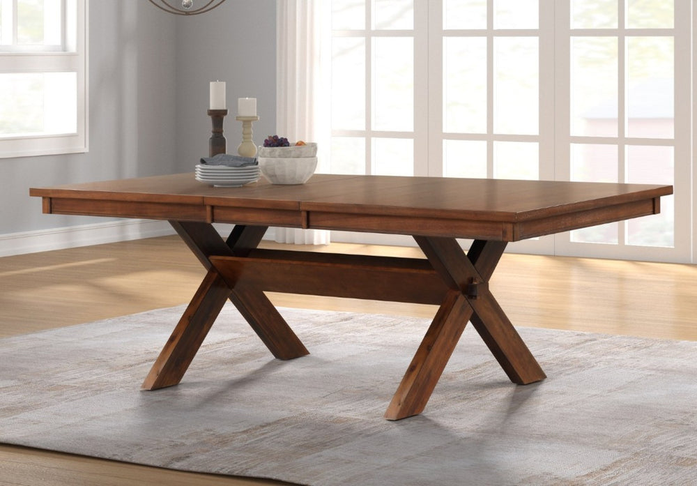 English Elm Karven Trestle Extendable Dining Table Seats Eight Rubberwood Farmhouse Design T2574S00439