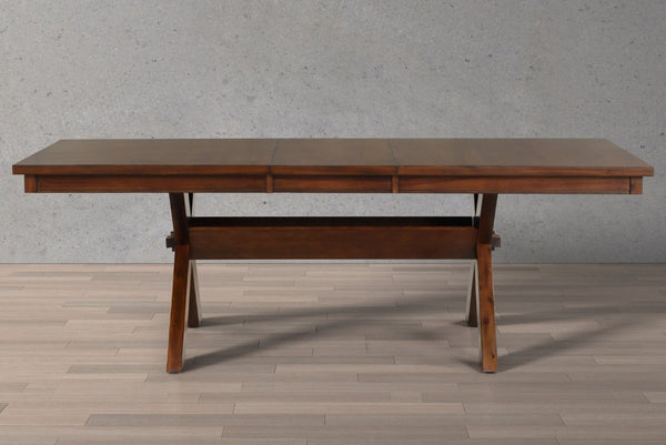 English Elm Karven Trestle Extendable Dining Table Seats Eight Rubberwood Farmhouse Design T2574S00439