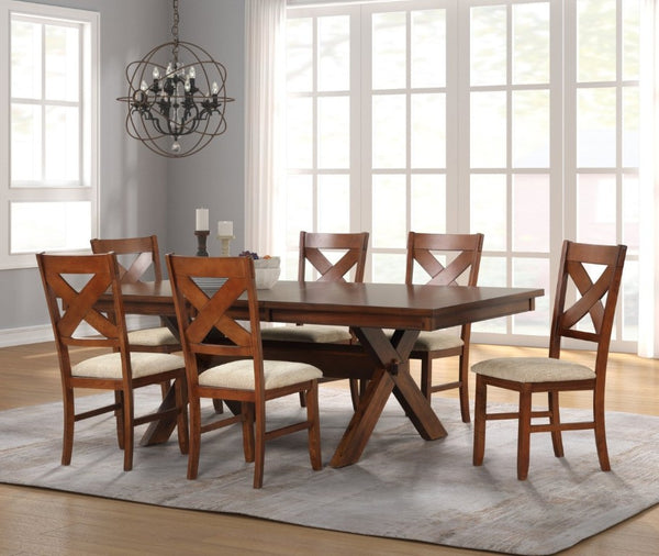 English Elm Karven Farmhouse Extendable Trestle Dining Set with Six Cross-Back Rubberwood Chairs T2574S00441