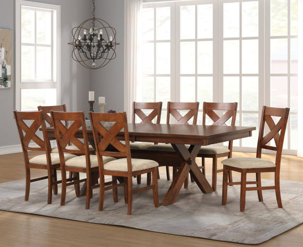 English Elm Karven Farmhouse Trestle Dining Set with Cross-Back Chairs in Rubberwood for 8 T2574S00442