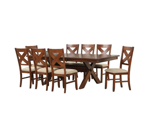 English Elm Karven Farmhouse Trestle Dining Set with Cross-Back Chairs in Rubberwood for 8 T2574S00442