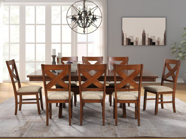 English Elm Karven Farmhouse Trestle Dining Set with Cross-Back Chairs in Rubberwood for 8 T2574S00442