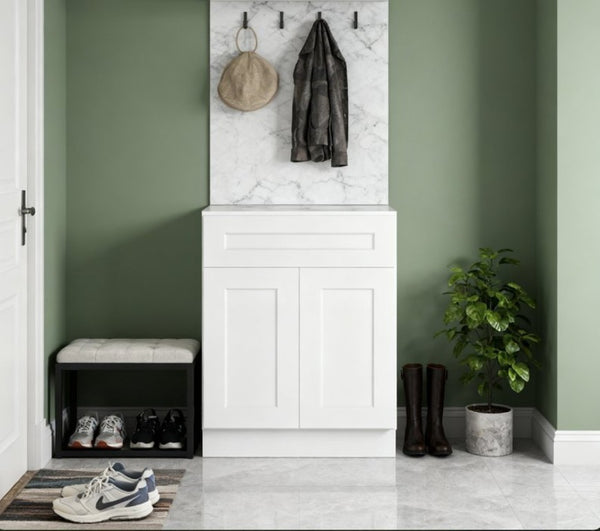English Elm 27 Inch White Shaker Base Cabinet Soft Close Doors Solid Wood Kitchen Bath Storage T2950P361481