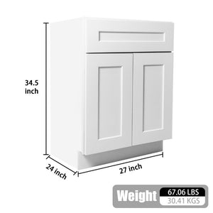 English Elm 27 Inch White Shaker Base Cabinet Soft Close Doors Solid Wood Kitchen Bath Storage T2950P361481