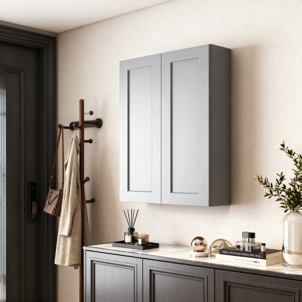 English Elm Dark Gray Shaker Style Wood Wall Cabinet Three Shelves for Kitchen Bathroom Laundry T2950P390307