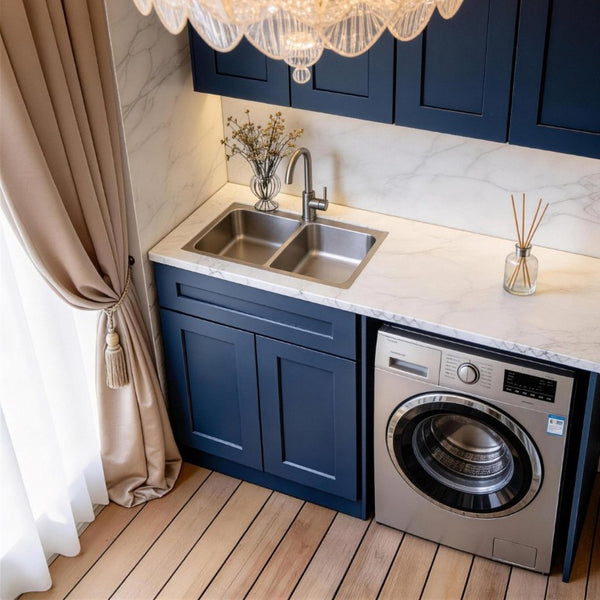 English Elm Shaker Solid Wood Sink Base Cabinet Navy Blue Painted Moisture Resistant Kitchen T2950P479976