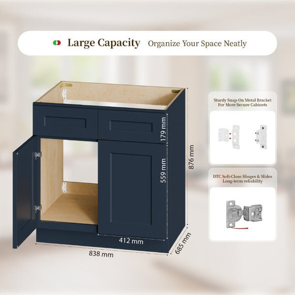 English Elm Shaker Solid Wood Sink Base Cabinet Navy Blue Painted Moisture Resistant Kitchen T2950P479976