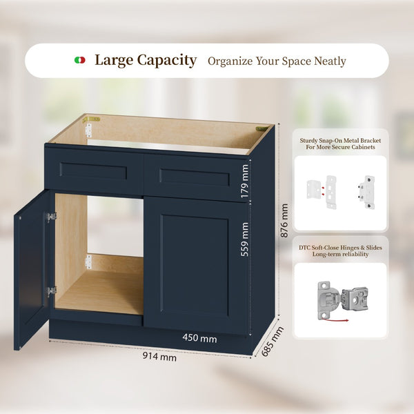 English Elm Shaker Solid Wood Sink Base Cabinet Navy Painted Finish Double Door Kitchen Storage T2950P479977