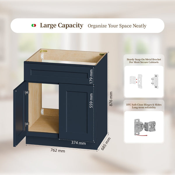 English Elm Shaker Solid Wood Sink Base Cabinet Navy Blue Kitchen Rta Double Door Storage T2950P479978