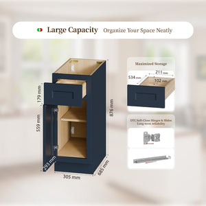 English Elm 12" Navy Shaker Base Cabinet Solid Wood Soft Close Kitchen Bath Laundry Storage T2950P511177