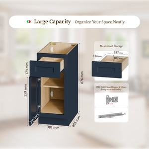 English Elm 15" Navy Shaker Solid Wood Base Cabinet Soft Close Door Drawer Adjustable Shelf T2950P511178