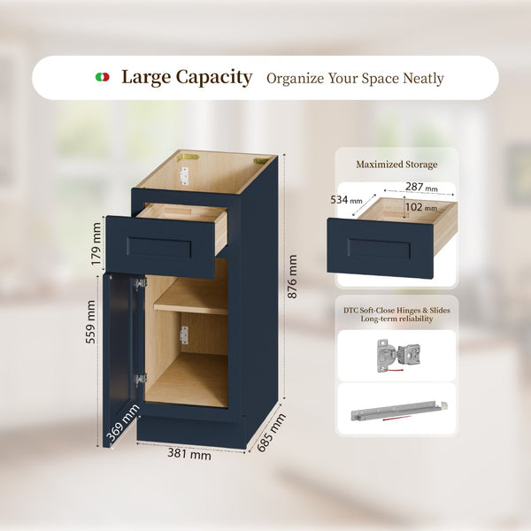 English Elm 15" Navy Shaker Solid Wood Base Cabinet Soft Close Door Drawer Adjustable Shelf T2950P511178