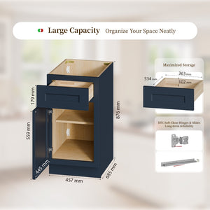English Elm 18" Navy Shaker Solid Wood Base Cabinet Soft Close Drawer Adjustable Shelf Storage T2950P511179
