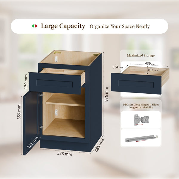 English Elm 21" Navy Shaker Solid Wood Base Cabinet Soft Close Door Drawer Adjustable Shelf T2950P511180