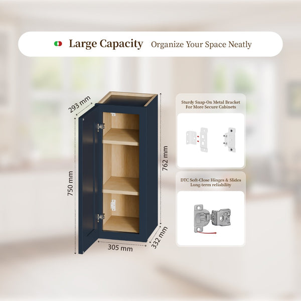 English Elm 12" Navy Blue Solid Wood Shaker Wall Cabinet with Adjustable Shelves for Kitchen Bath T2950P511181