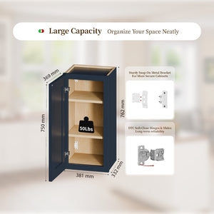 English Elm 15" Navy Shaker Solid Wood Wall Cabinet with Adjustable Shelves for Kitchen Bath Storage T2950P511182