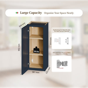 English Elm 15" Solid Wood Shaker Wall Cabinet Navy Finish Two Adjustable Shelves for Kitchen Bath T2950P511183