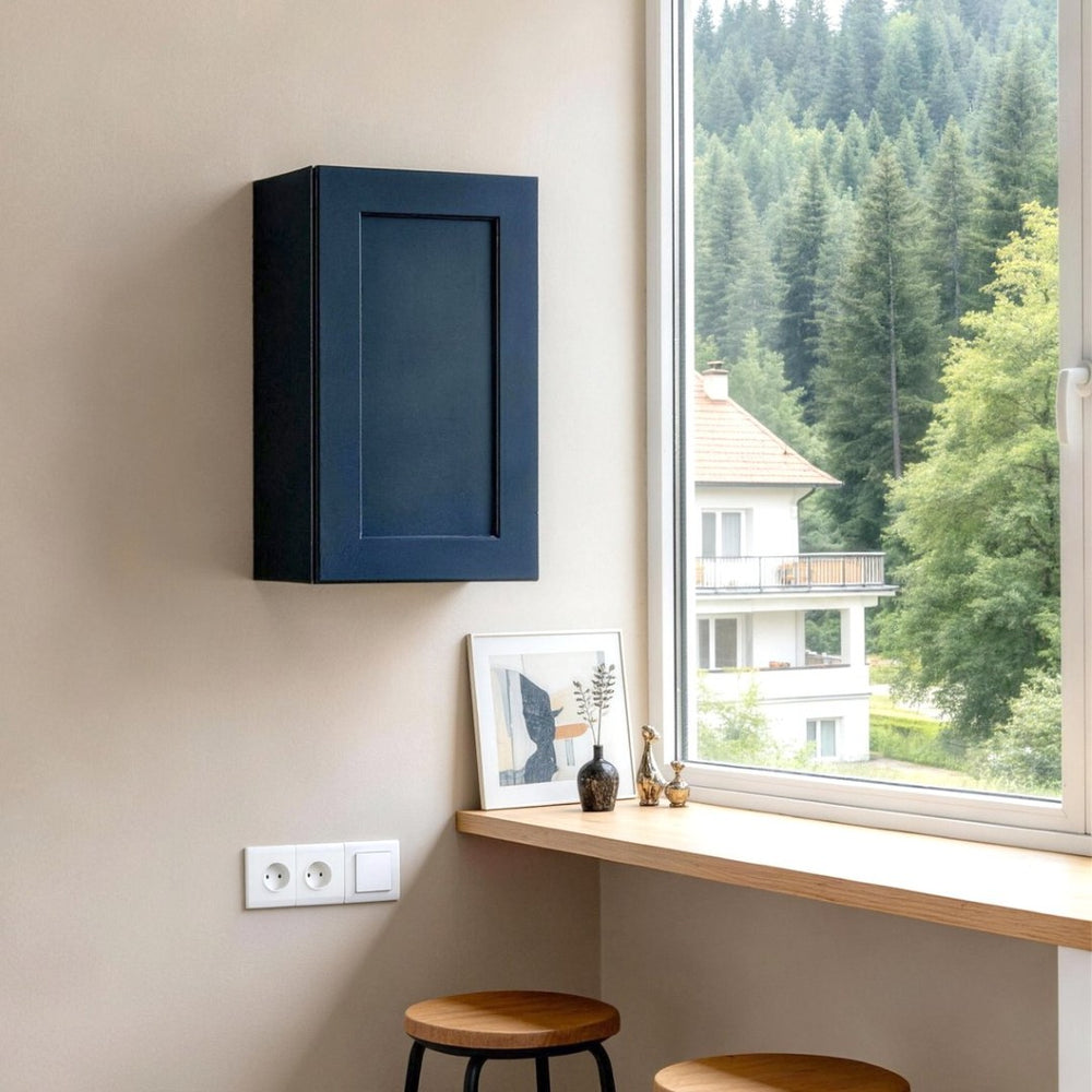 English Elm 18" Navy Shaker Solid Wood Wall Cabinet with Adjustable Shelves for Kitchen or Bath T2950P511184