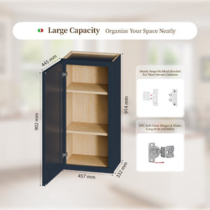 English Elm 18" Solid Wood Navy Shaker Wall Cabinet with Adjustable Shelves for Kitchen Bath T2950P511185