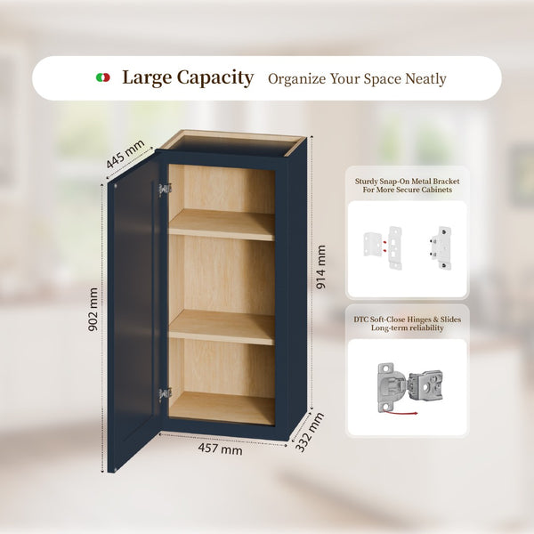 English Elm 18" Solid Wood Navy Shaker Wall Cabinet with Adjustable Shelves for Kitchen Bath T2950P511185