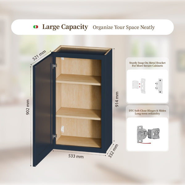 English Elm 21" Solid Wood Shaker Wall Cabinet Navy Finish with Adjustable Shelves for Kitchen Bath T2950P511187