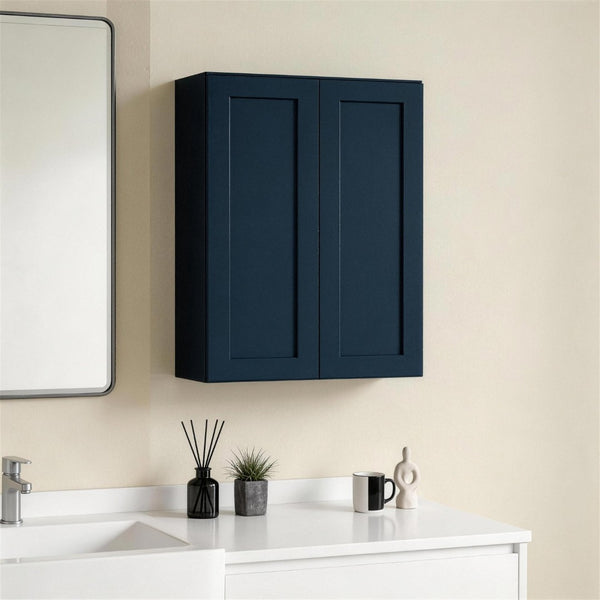 English Elm 24" Navy Shaker Solid Wood Wall Cabinet with Adjustable Shelves for Kitchen Bath Storage T2950P511188