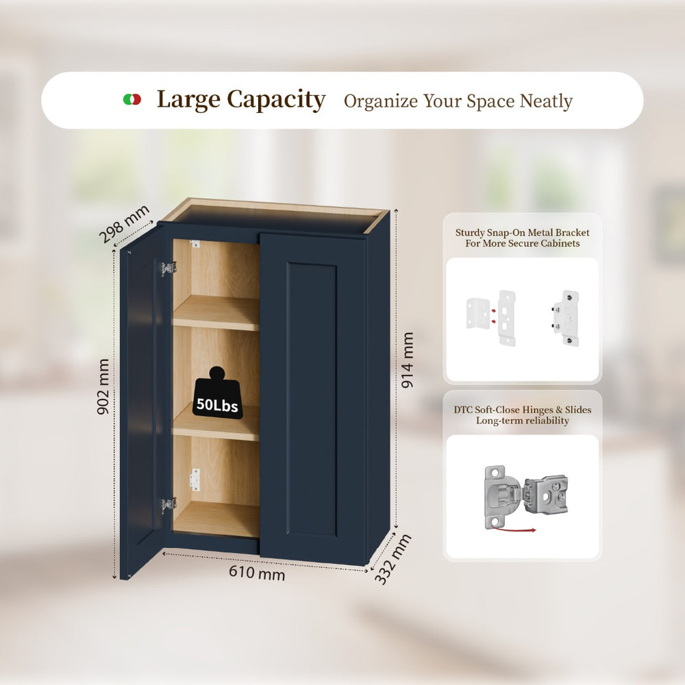 English Elm 24" Navy Shaker Solid Wood Wall Cabinet with Adjustable Shelves for Kitchen Bath Storage T2950P511188