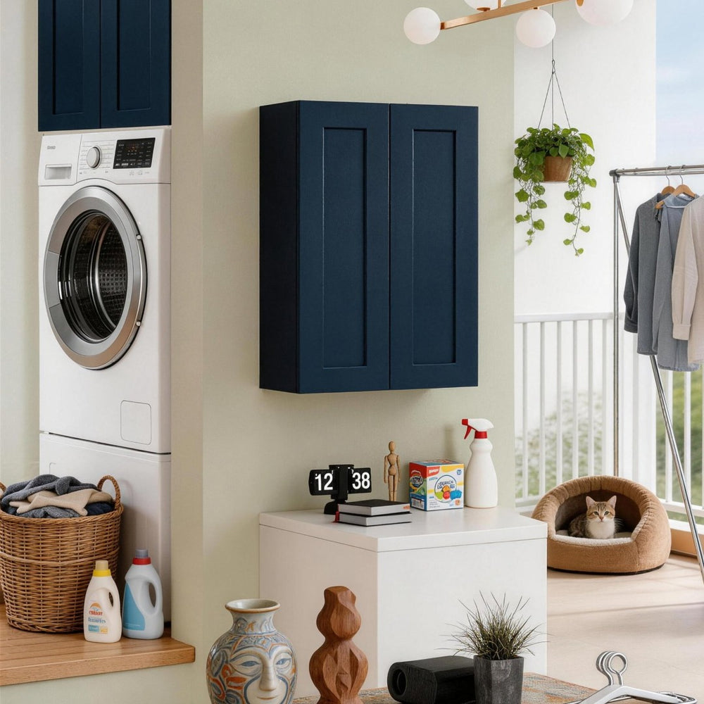 English Elm 27" Navy Shaker Solid Wood Wall Cabinet with Adjustable Shelves for Kitchen or Laundry T2950P511189