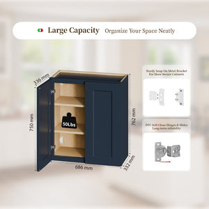 English Elm 27" Navy Shaker Solid Wood Wall Cabinet with Adjustable Shelves for Kitchen or Laundry T2950P511189
