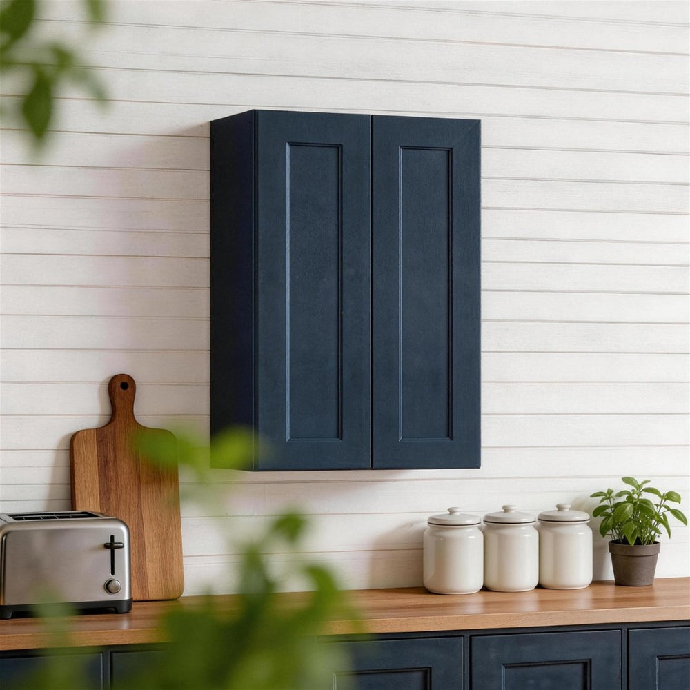 English Elm 27" Navy Blue Solid Wood Shaker Wall Cabinet with Adjustable Shelves for Kitchen Bath T2950P511190