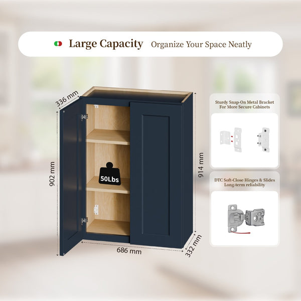 English Elm 27" Navy Blue Solid Wood Shaker Wall Cabinet with Adjustable Shelves for Kitchen Bath T2950P511190
