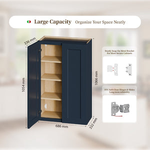 English Elm 27" Navy Shaker Solid Wood Wall Cabinet with Adjustable Shelves for Kitchen Storage T2950P511191