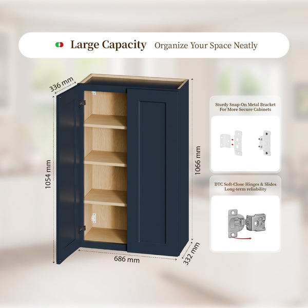 English Elm 27" Navy Shaker Solid Wood Wall Cabinet with Adjustable Shelves for Kitchen Storage T2950P511191