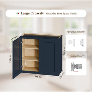 English Elm 33" Navy Shaker Solid Wood Wall Cabinet with Adjustable Shelves for Kitchen or Garage T2950P511192