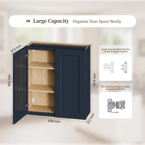 English Elm 33" Navy Shaker Wall Cabinet Solid Wood Adjustable Shelves Kitchen Bath Storage T2950P511193