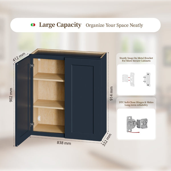 English Elm 33" Navy Shaker Wall Cabinet Solid Wood Adjustable Shelves Kitchen Bath Storage T2950P511193
