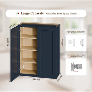 English Elm 33" Navy Shaker Solid Wood Wall Cabinet Soft Close Adjustable Kitchen Storage T2950P511196