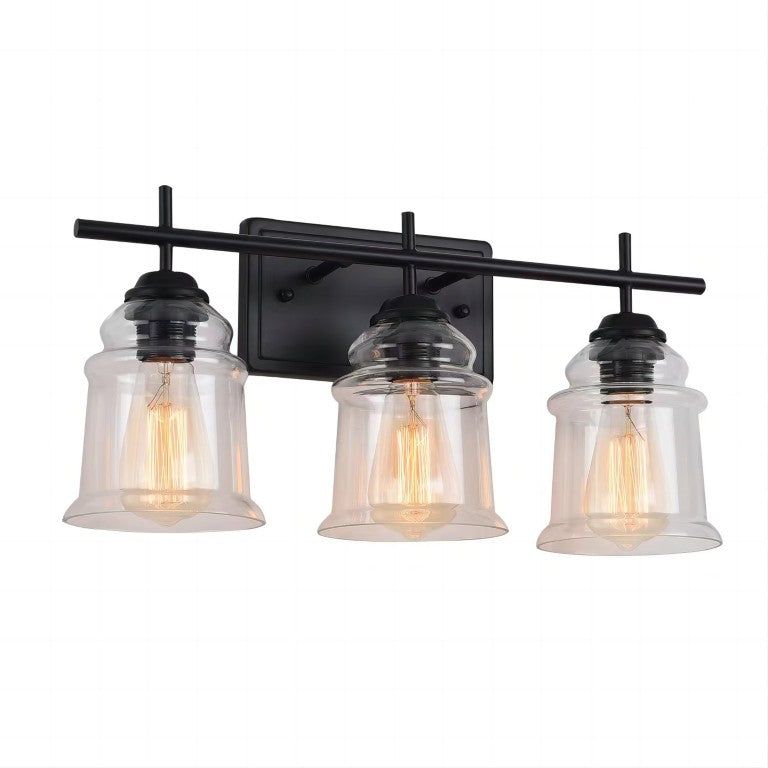 English Elm 3-Light Industrial Wall Sconce Matte Black Iron with Handcrafted Clear Glass Shades T3177P283986