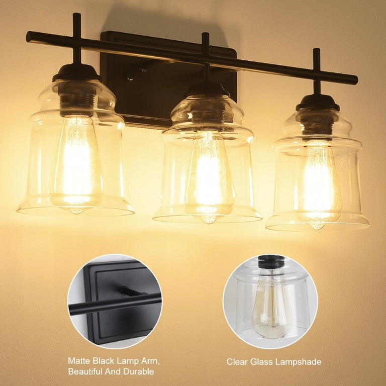 English Elm 3-Light Industrial Wall Sconce Matte Black Iron with Handcrafted Clear Glass Shades T3177P283986
