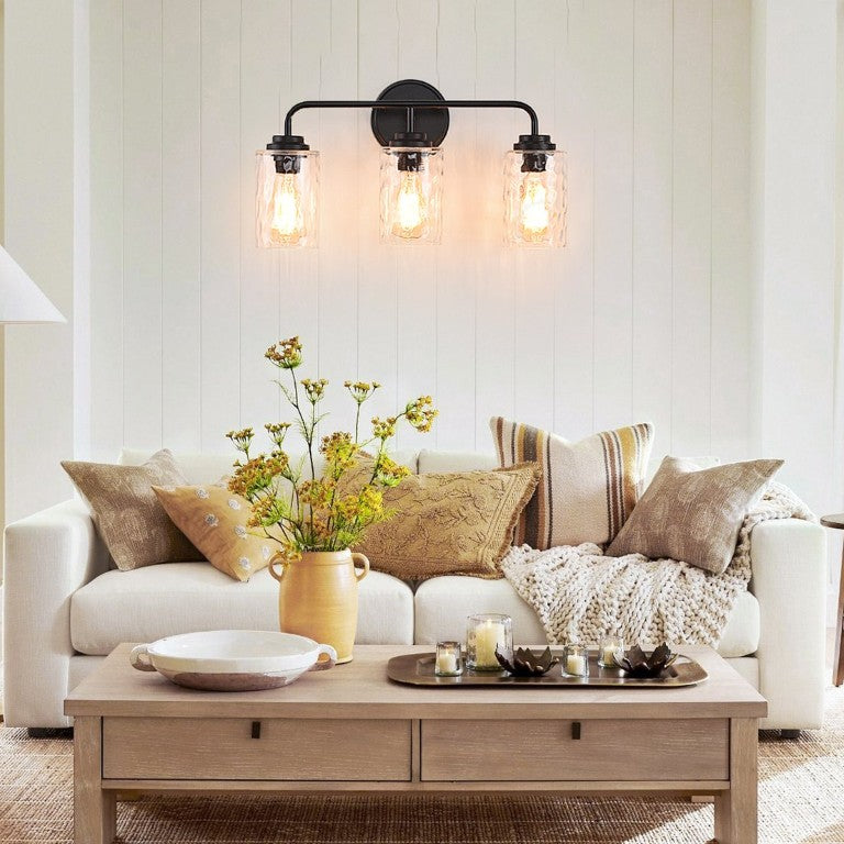 English Elm 3-Light Industrial Wall Sconce Matte Black Iron Clear Glass Shades for Bath or Living Room T3177P284031