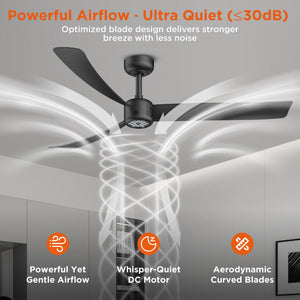 English Elm 52 Inch Flush Mount Ceiling Fan with Dimmable LED Remote DC Motor for Patio Living Room Black T3177P526325