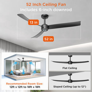 English Elm 52 Inch Flush Mount Ceiling Fan with Dimmable LED Remote DC Motor for Patio Living Room Black T3177P526325