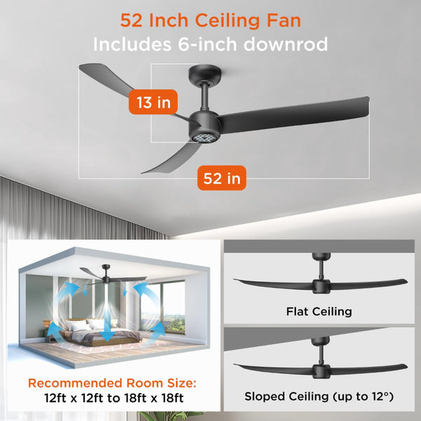 English Elm 52 Inch Flush Mount Ceiling Fan with Dimmable LED Remote DC Motor for Patio Living Room Black T3177P526325